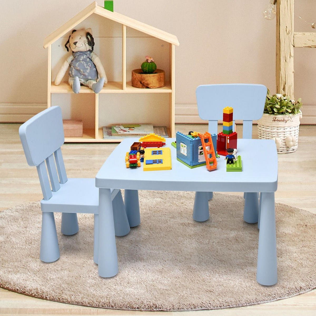 KINDERTISCH mit 2 Stühlen blau(3-tlg) - Blau, Kunststoff (76.5/49.5/54.5cm) - COSTWAY