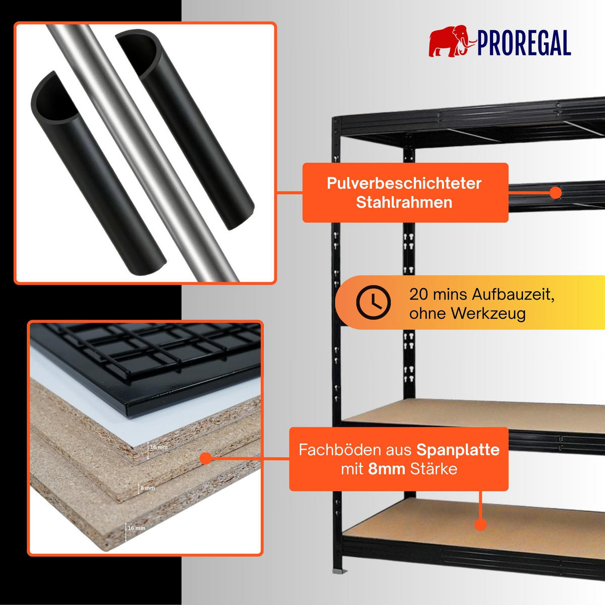 SCHWERLASTREGAL Rhino 180x200x60 cm 5 Spanplatten-Ebenen 8mm Fachlast 500 kg Schwarz - Schwarz, Metall (200/180/60cm) - PROREGAL