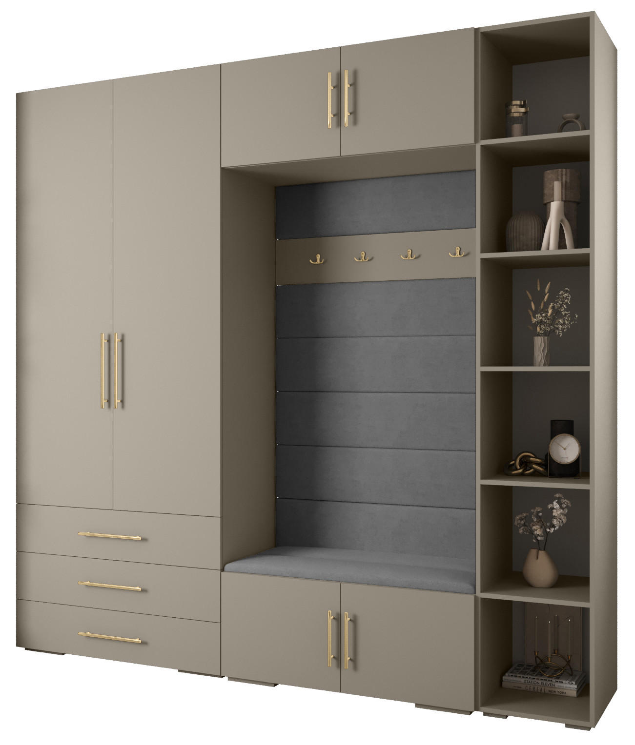 Abiks Möbel Garderoben-Set Kaschmir, Grau, Gold 240x236.7x47 cm