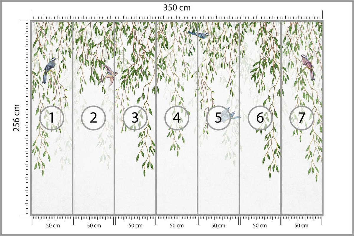 FOTOTAPETE für Schlafzimmer Trauerweide Äste Vögel Frühling Blätter 350x256 - Blau/Beige, Papier (350/256cm) - Muralo