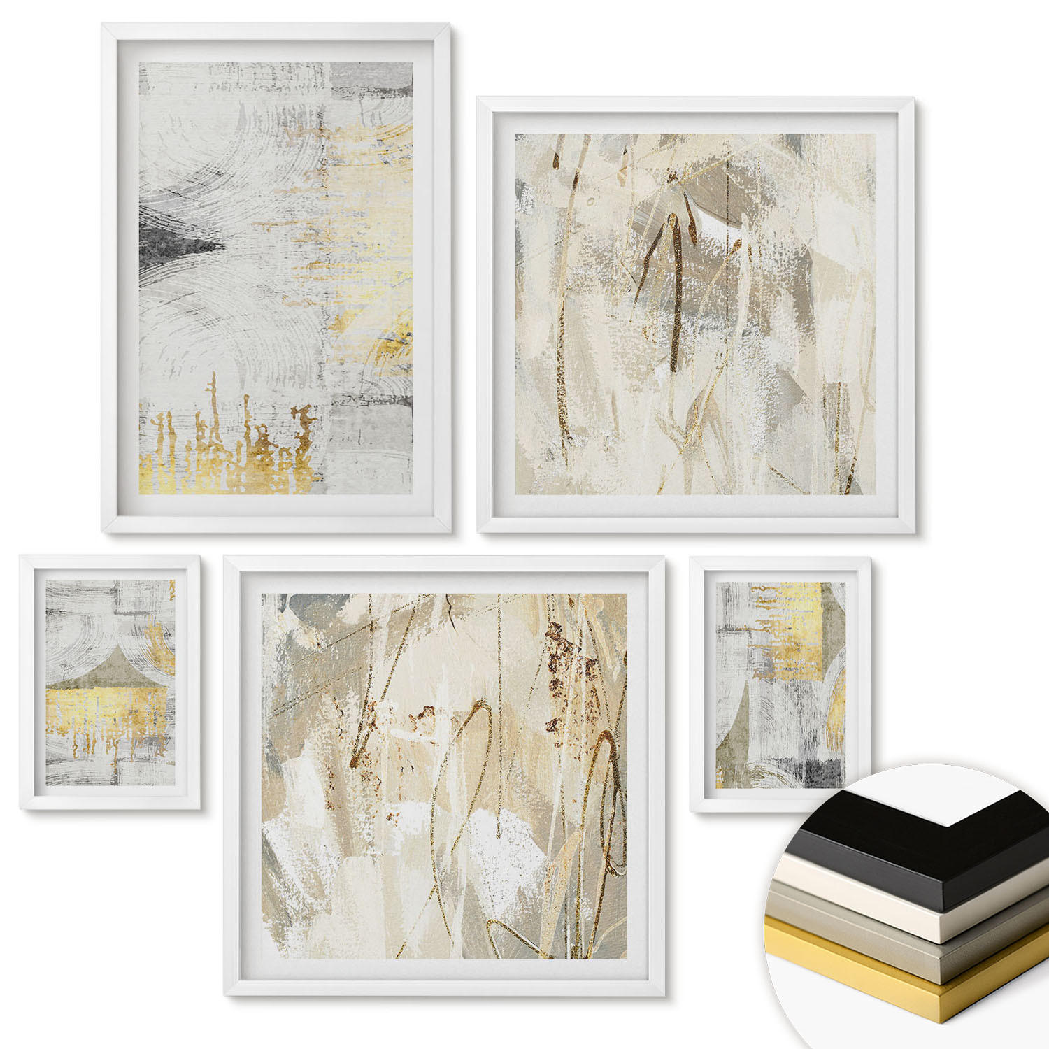 WANDBILDER 5er-Set - 50x50 cm & 20x30 cm & 40x60 cm Weißer Rahmen - Abstrakte minimalistische Muster - Weiß, Kunststoff (40/60cm) - ArtPrintCave
