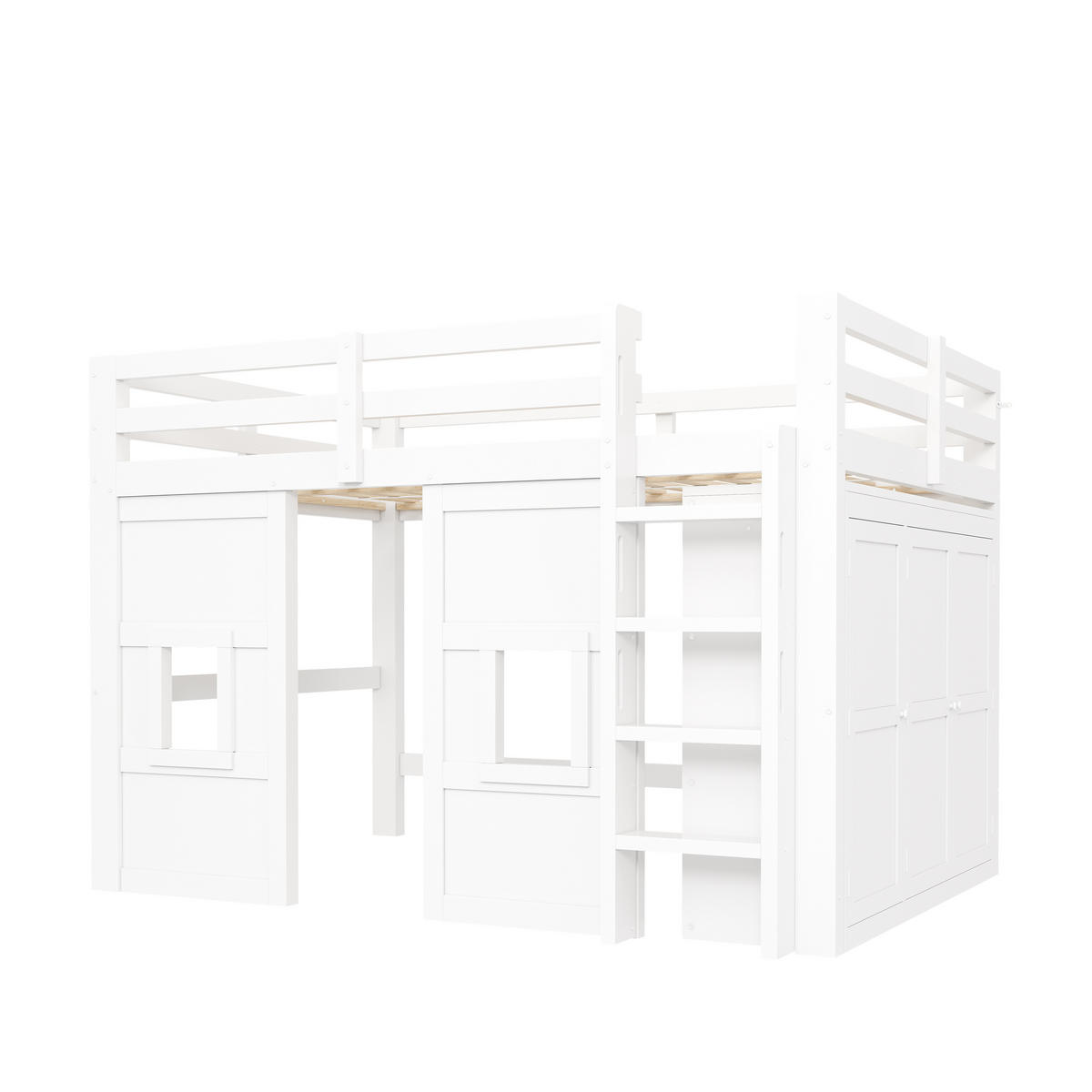 HOCHBETT 140/200 cm DE-03381, mit integriertem Kleiderschrank, 2 Fenstern und LED-Beleuchtung, in Weiß - Weiß, Holz/Holzwerkstoff (140/200cm) - ComfortXL