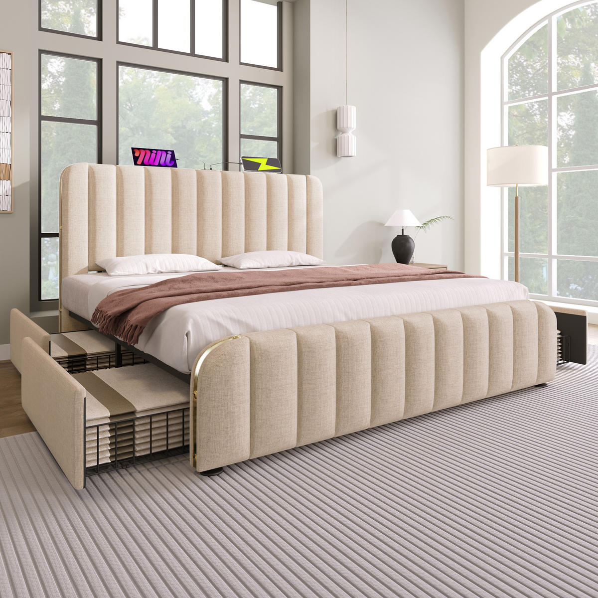 POLSTERBETT 180/200 cm mit 4 Schubladen, USB/Typ-C am Kopfteil und abgerundeter Rückenlehne, Beige - Beige, Textil (180/200cm) - Redom