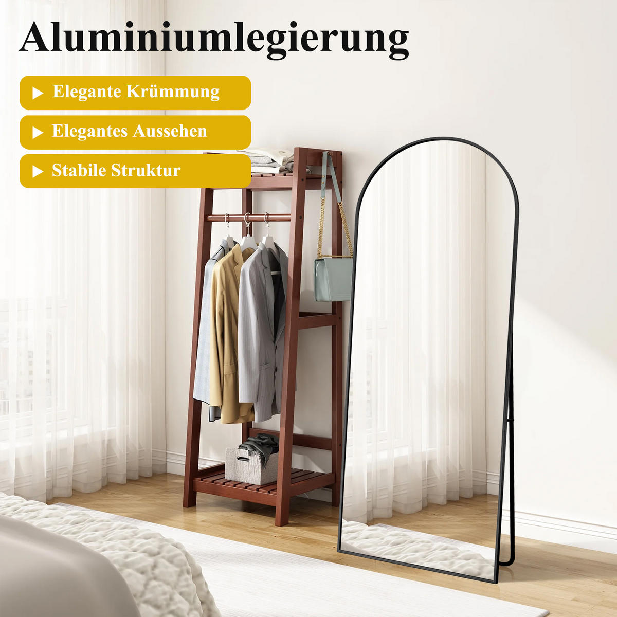 GANZKÖRPERSPIEGEL 63x173 cm, gebogener Aluminiumrahmen, freistehend/Wandmontage in Schwarz, für Wohn- & Schlafzimmer - Schwarz, Glas/Metall (63/2/173cm) - BRILVERDE