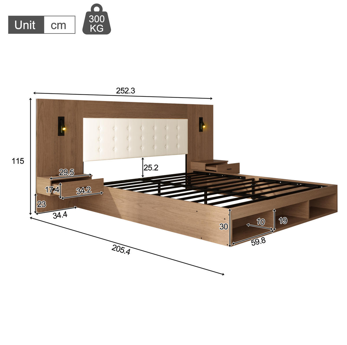 DOPPELBETT 180/200 cm aus MDF mit USB- und Type-C-Anschluss, Leselampen, 2 Nachttischen und Stauraum, Walnuss - Nussbaumfarben, Holzwerkstoff (180/200cm) - Redom
