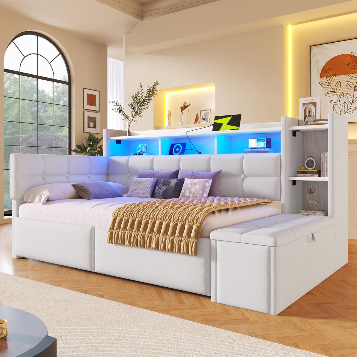 TAGEBETT 90x190cm Weiß Samt 2 Schubladen USB LED-Licht - Weiß, Holz (90/190cm) - FLIEKS