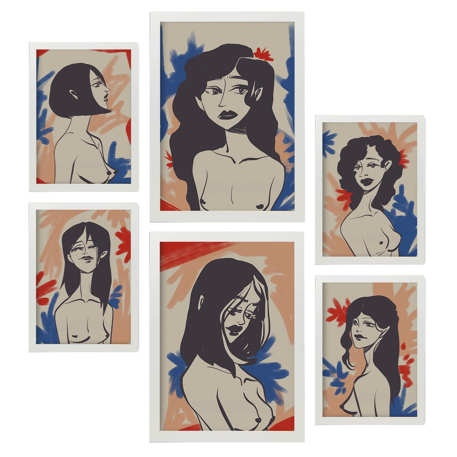 POSTER Set Mit 6 Faszinierende Schönheit In Weibliche Zusammenfassung Ästhetische Dekorative Gemälde Für Ihr Wohnzimmer Zuhause A3 & A4 Weißer Rahmen - Weiß, Papier (29/3cm) - Nacnic