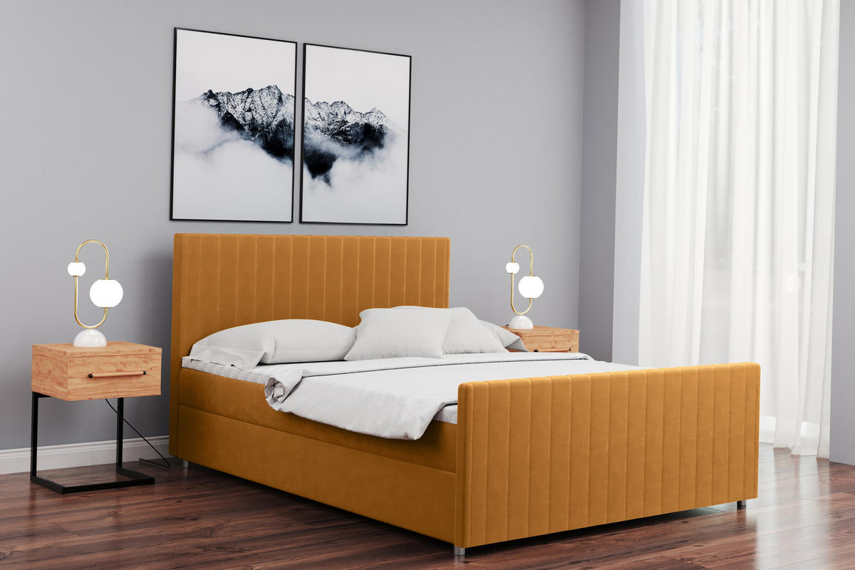 BOXBETT mit Bettkasten Matratze Topper LATINO stoff Velvet 200x200 cm Gelb H2-Pocket - Gelb, Holz/Holzwerkstoff (200/200cm) - Kaiser Möbel