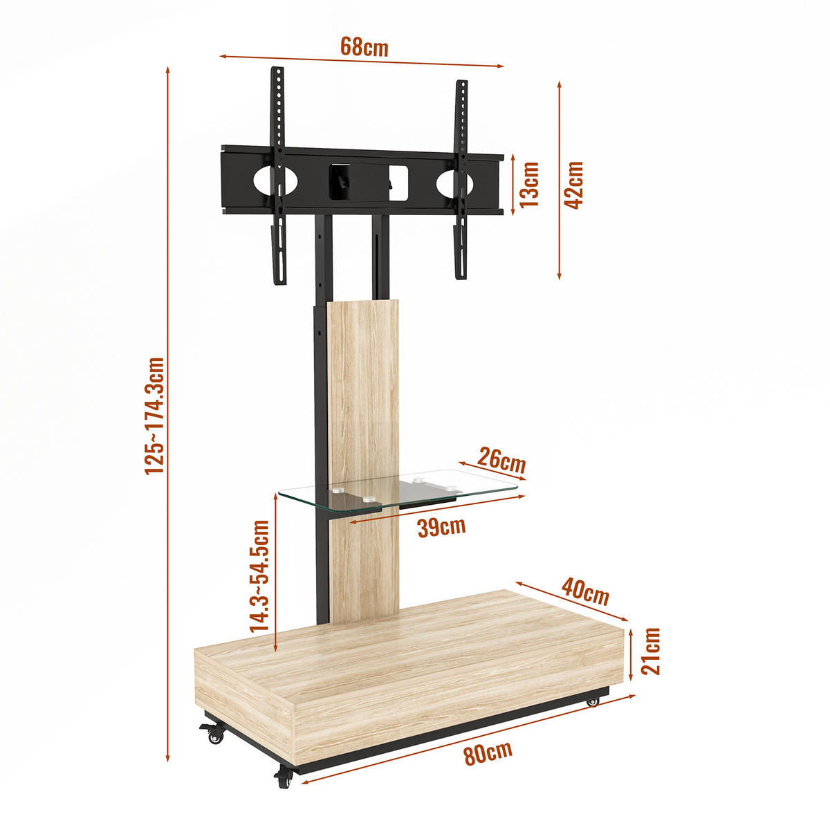 TV-HALTERUNG auf Rollen für 32–75 Zoll – höhenverstellbar & schwenkbar - Hellbraun, Holzwerkstoff (80/150/40cm) - BEAOK