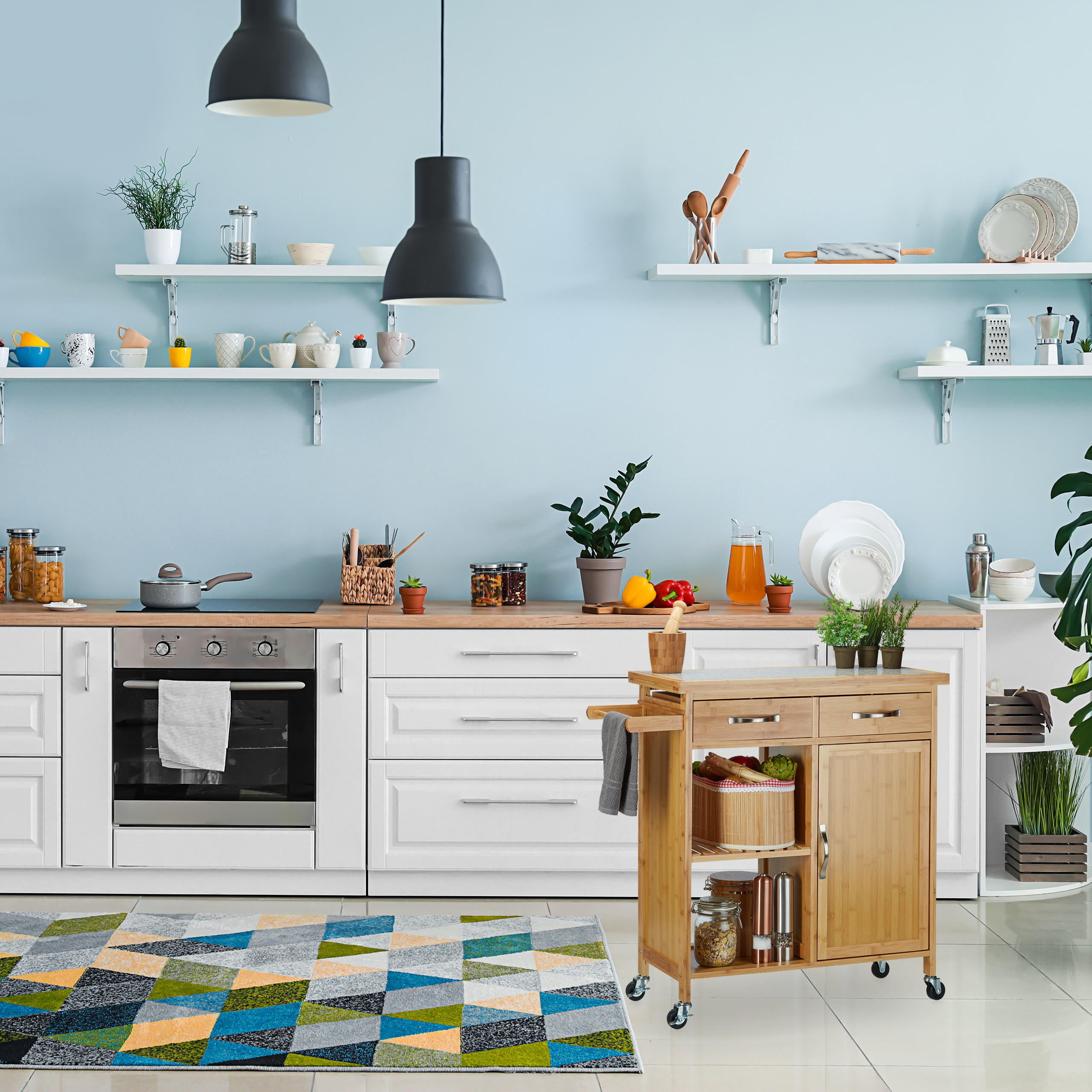 Thumbnail - Relaxdays Küchenwagen, Mehrfarbig, Holz, Stein, Holzwerkstoff, 89.5x85.5x36 cm, Esszimmer, Servierwagen