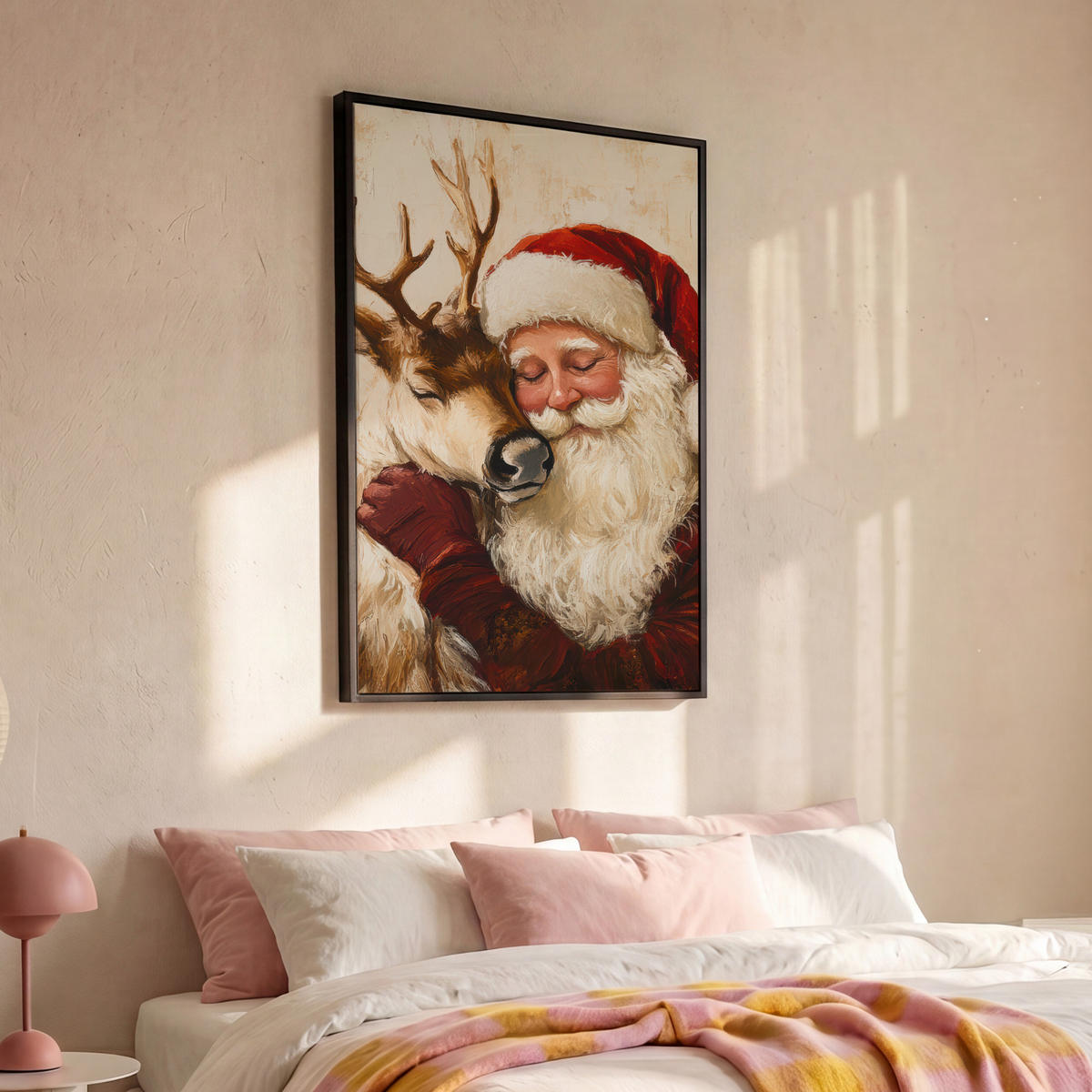 LEINWAND Bilder mit Rahmen - Weihnachtsmann - Rentier - Weihnachten - 80x120 - Rotbraun, Textil (80/120cm) - MuchoWow