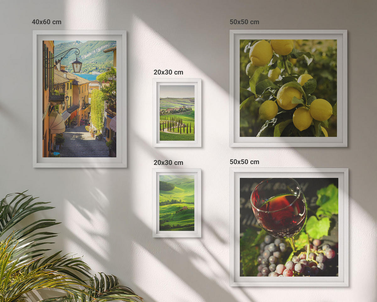 BILDER SET 5er Set - 50x50 cm & 20x30 cm & 40x60 cm Weißer Rahmen - Italienische Landschaften, Zitrushügel - Weiß, Kunststoff (40/60cm) - TULUP