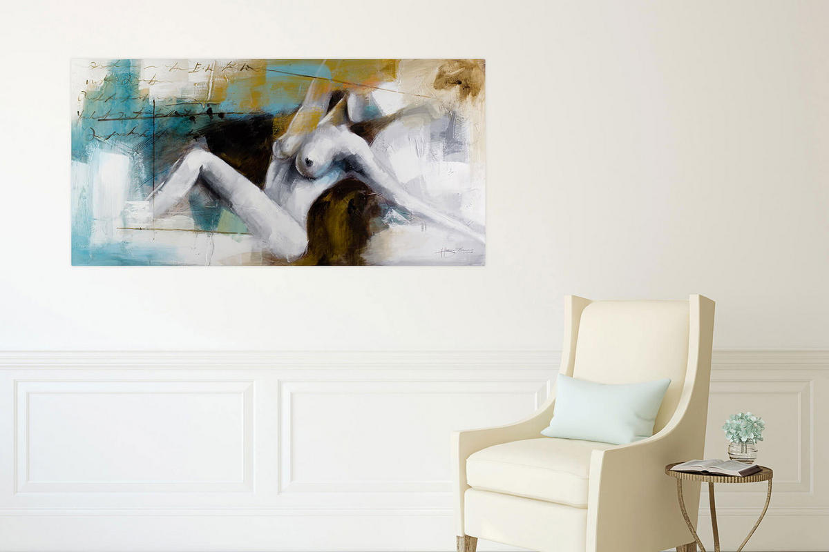 ÖLGEMÄLDE 120/60 cm - Petrol/Weiß, Holz/Textil (1.6/60cm) - KUNSTLOFT