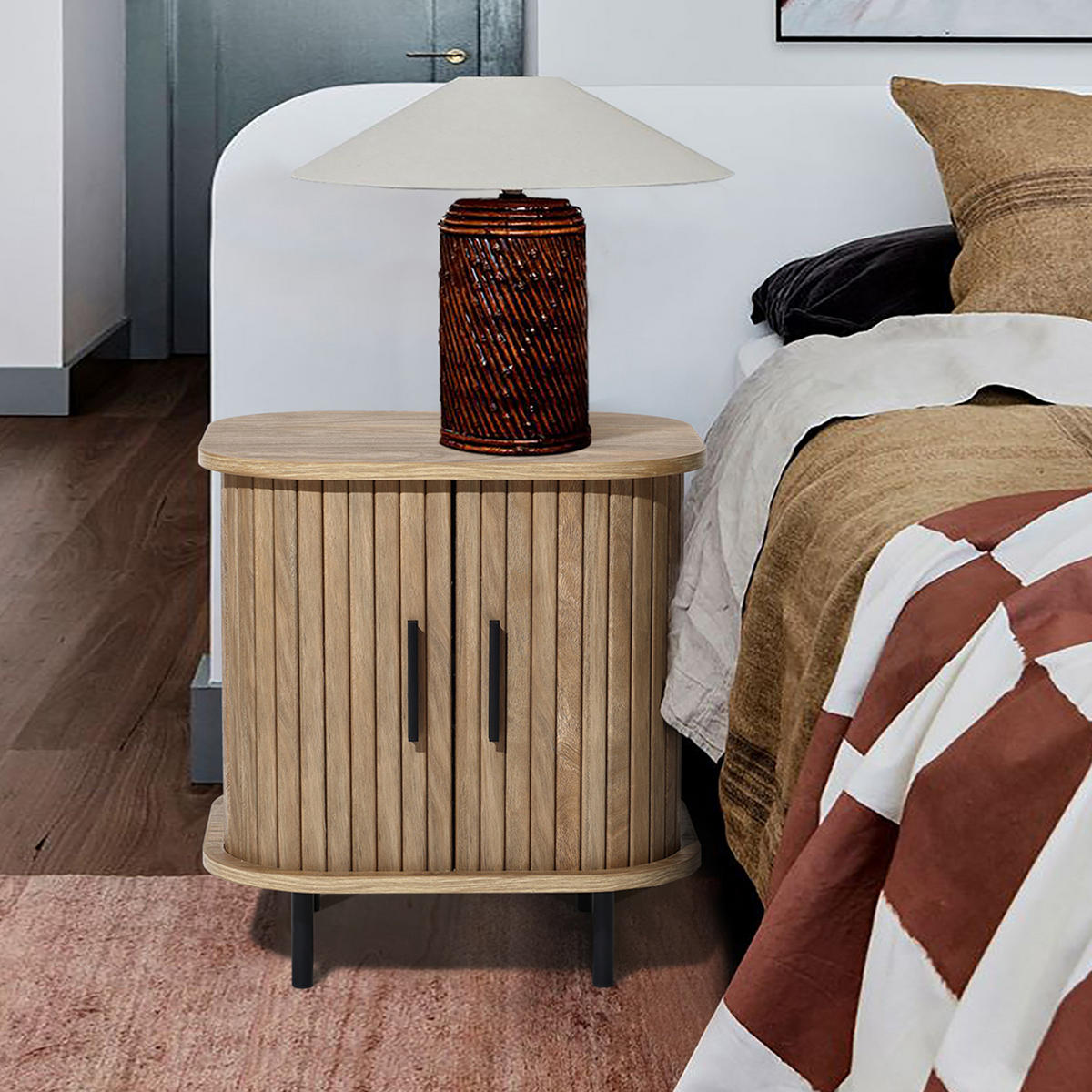 NACHTTISCH Mid-Century mit Rolltür, Holz | B45 x T40 x H48 cm - Braun, Holzwerkstoff (45/48/40cm) - Hometopia