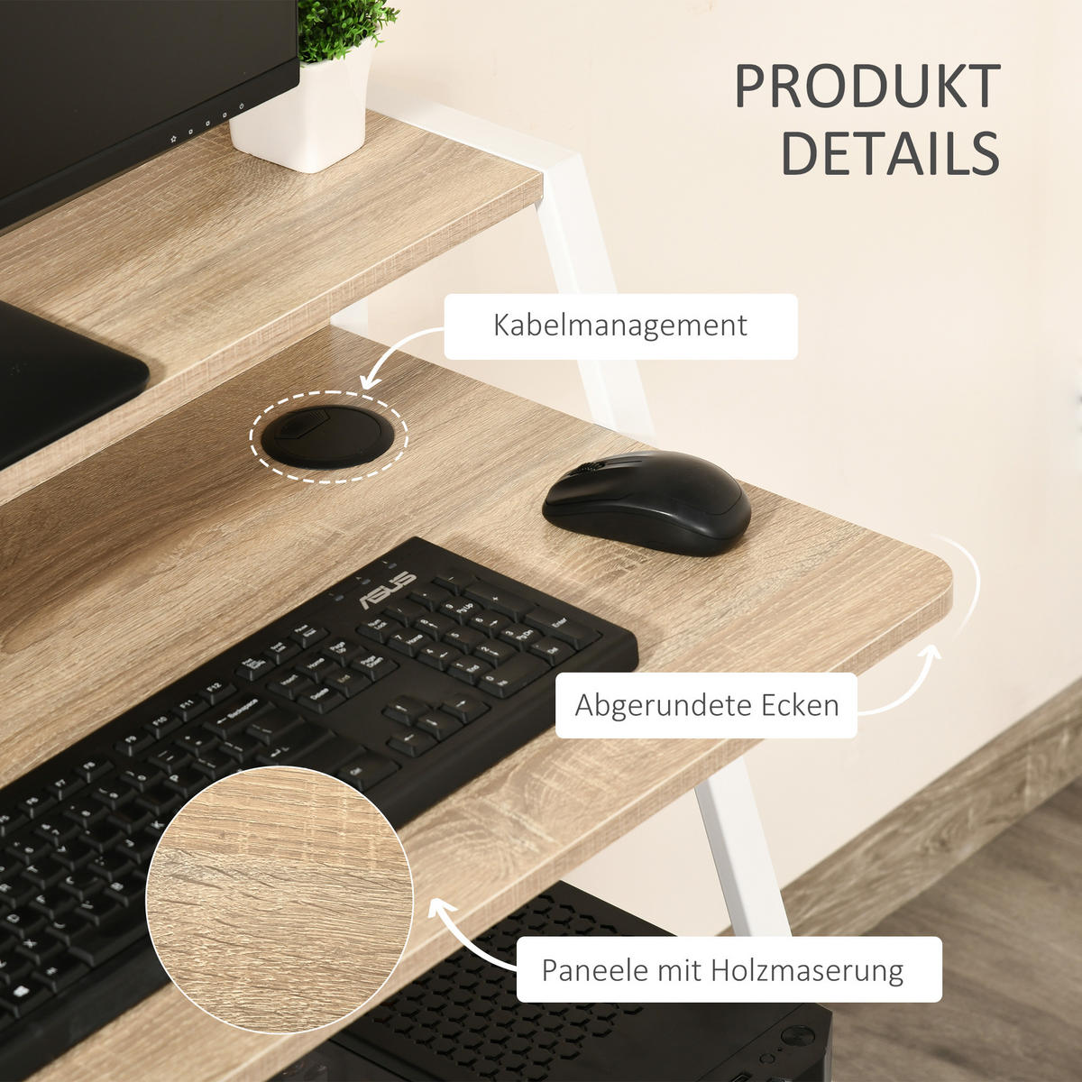 SCHREIBTISCH, MDF, Eisen, Weiß+Eiche - Weiß, Kunststoff (84/45/85cm) - HOMCOM