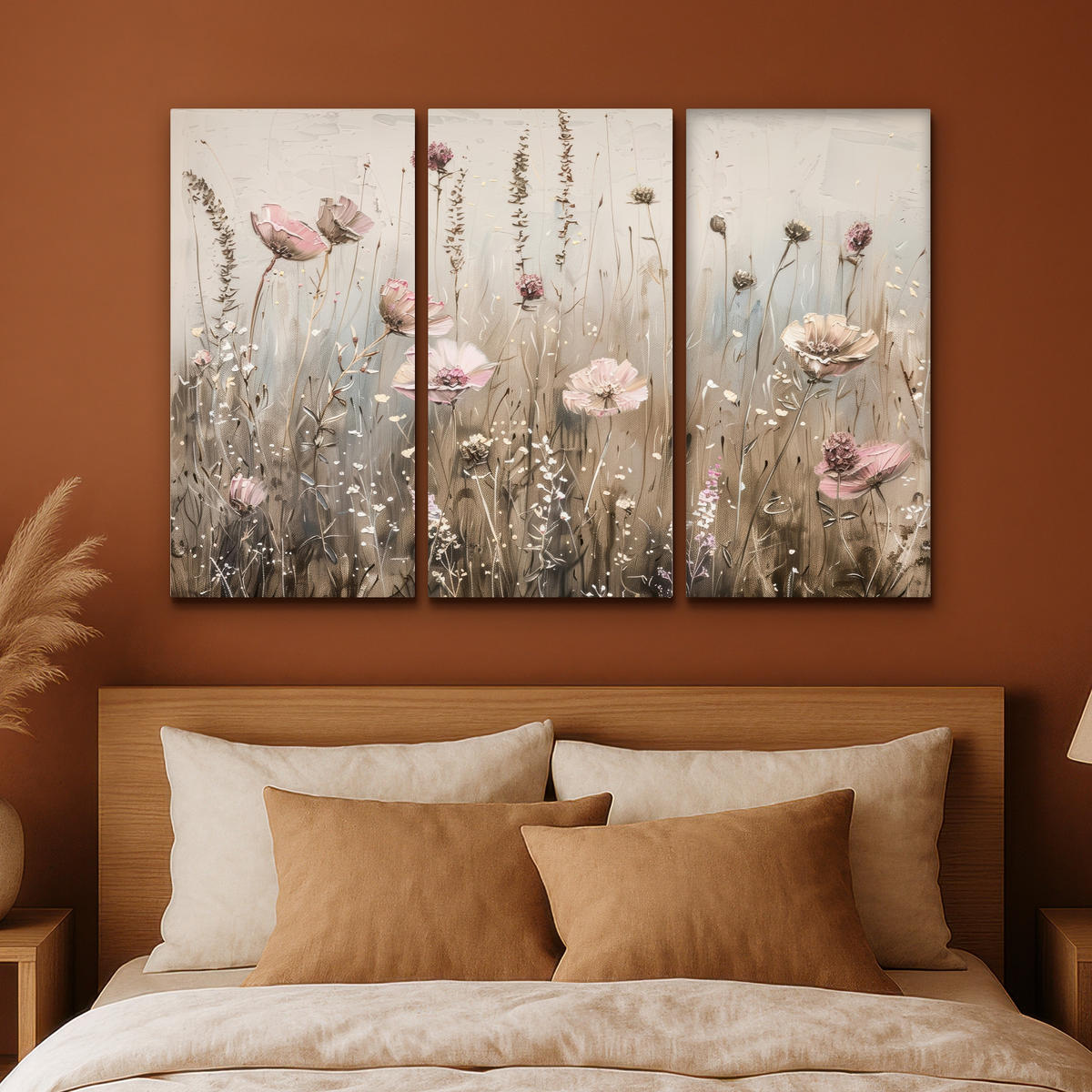 LEINWANDBILD 3er Set Blumen - Beige - Modern - Rosa 150x100 cm - Ecru, Textil (150/100cm) - MuchoWow
