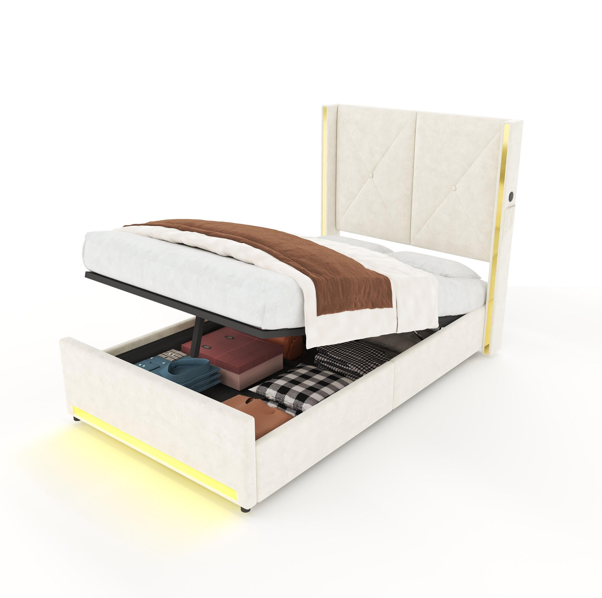 POLSTERBETT 90/200 cm mit USB, Type-C, LED und hydraulischem Bettkasten, Samt mit Seitentaschen, Beige - Beige, Textil (90/200cm) - Redom