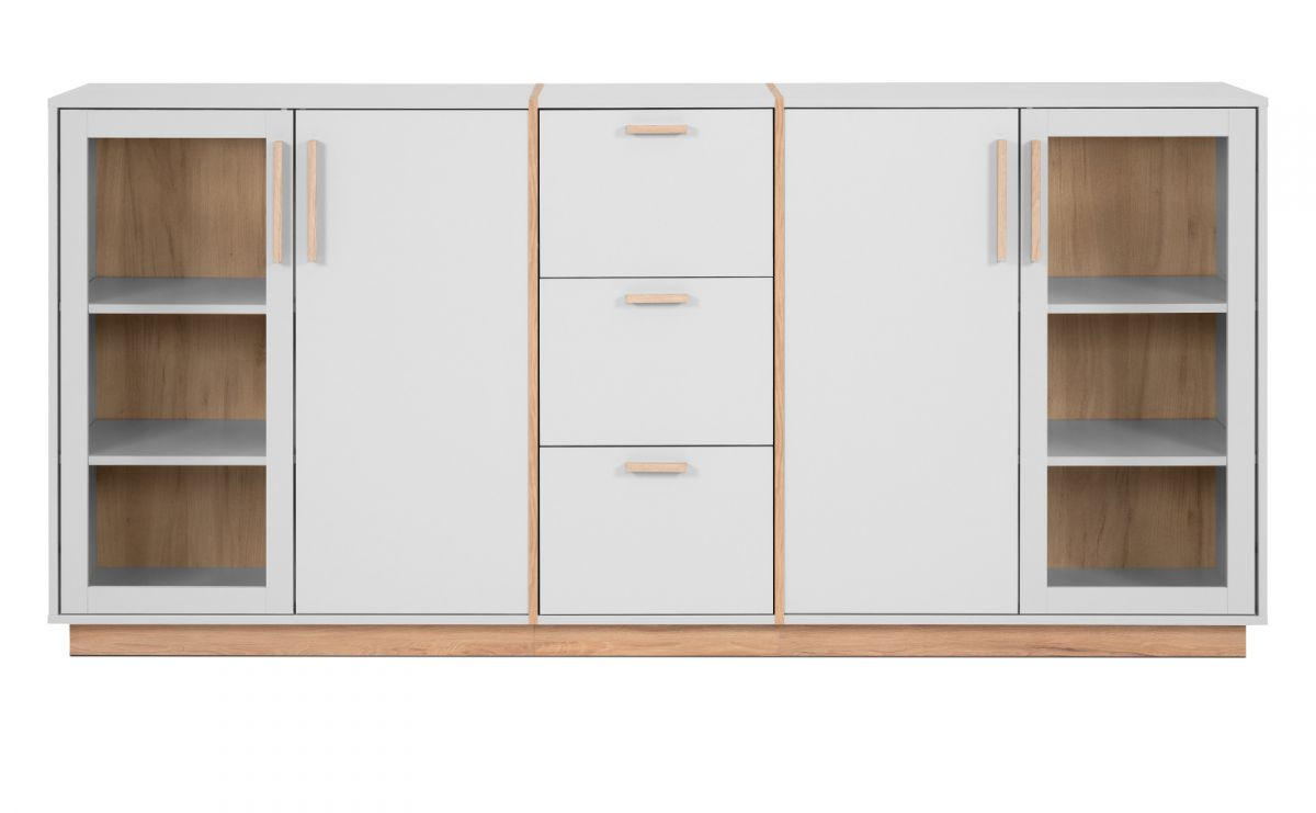 SIDEBOARD grau, Hickory Walnuss 204 cm, Kommode mit viel Stauraum - Walnussfarben/Hellgrau, Glas/Holzwerkstoff (204/94/40cm) - Furn.Design
