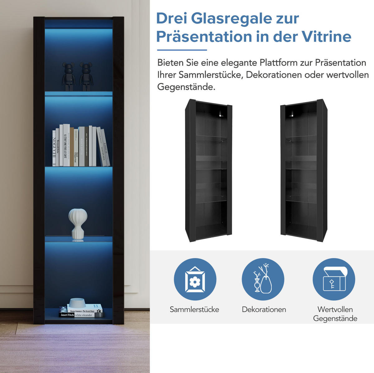 VITRINE 55/38/166 cm mit LED-Beleuchtung und 3 Glasböden, Schwarz - Schwarz, Holzwerkstoff (55/166/38cm) - Redom