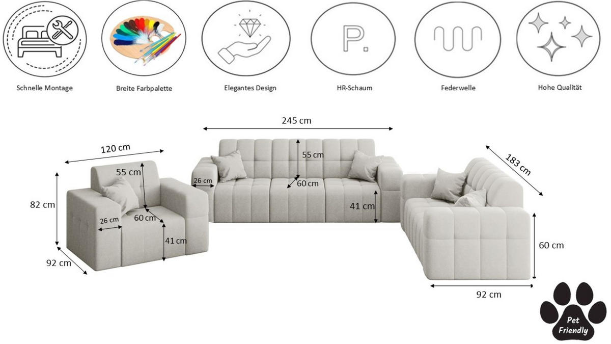 SITZGARNITUR NIMES 3-2-1 Stoff Portland Weiß - Weiß, Holz/Textil (92/82/245cm) - Kaiser Möbel