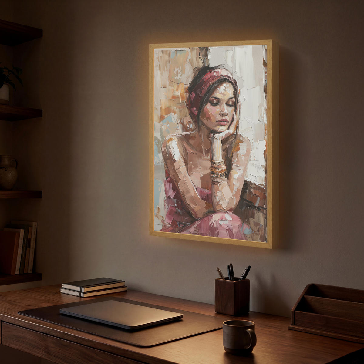 NÁSTĚNNÁ LAMPA S AKUMULÁTOREM Žena - vzhled malby - portrét - moderní 40x60 cm - hnědá, kompozitní dřevo (40/60/8cm) - OnlyWow