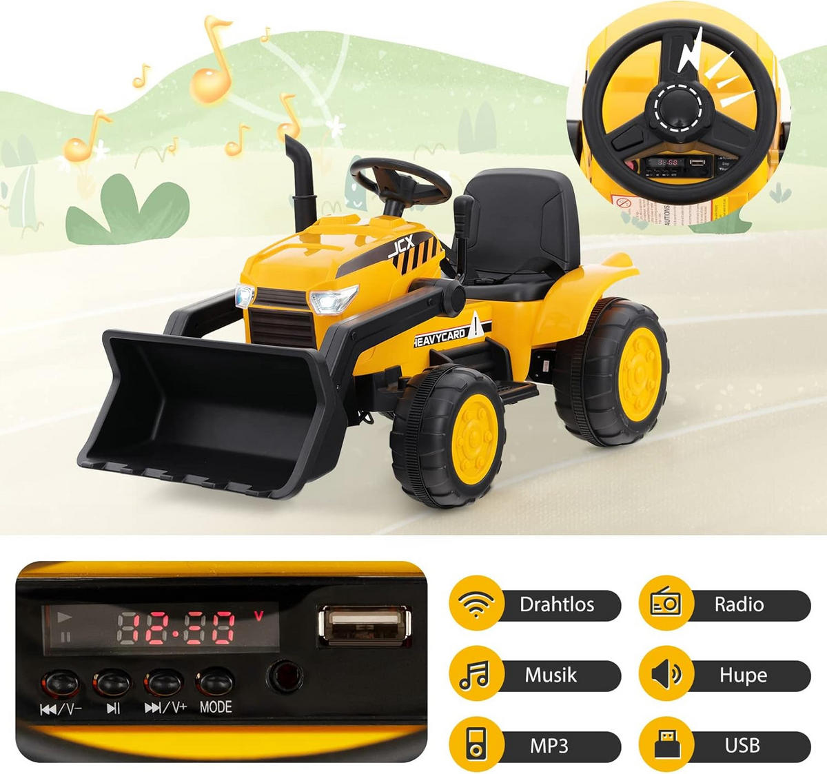 SITZBAGGER 12V Kinder Gelb - Gelb, Kunststoff (58/59/114cm) - COSTWAY