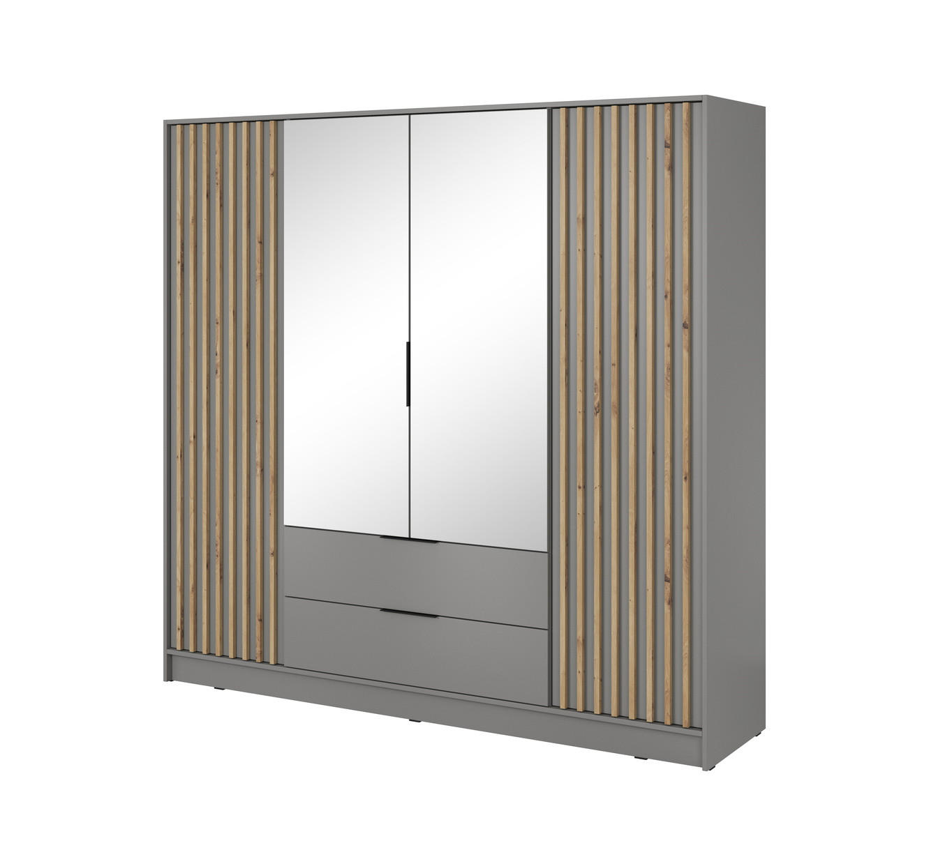 SCHRANK mit Spiegel 200 cm Fioro - 4 Türen, Lamellen, Schubladen, Grau - Grau, Holz (205/200/51cm) - Emporius