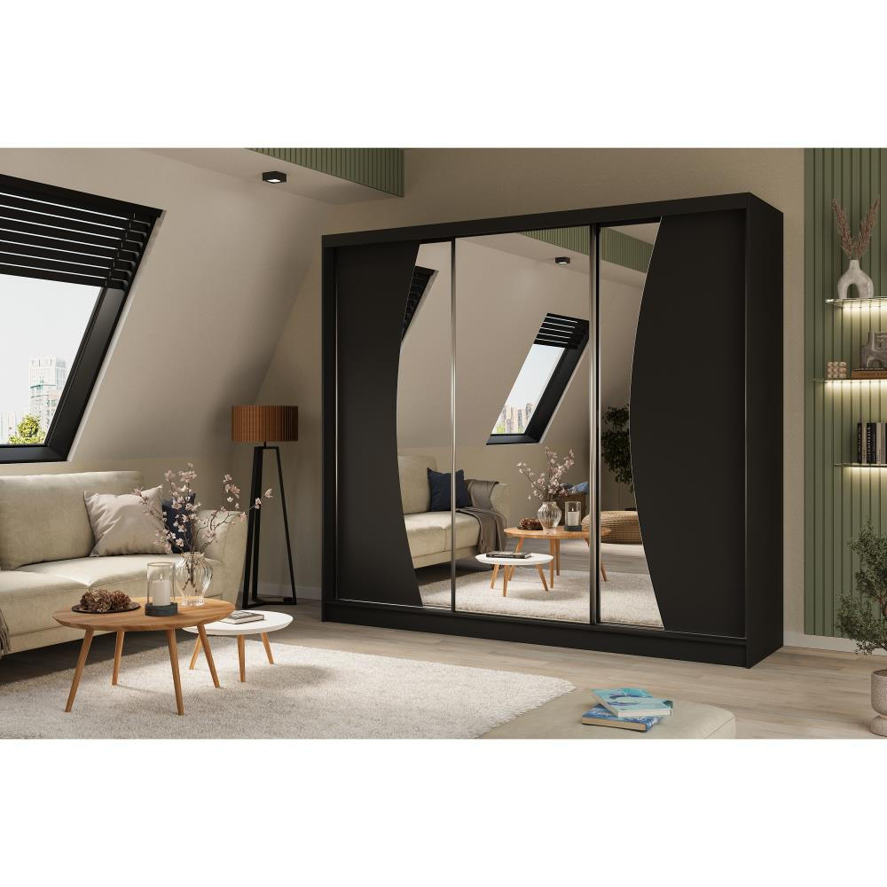 SCHWEBETÜRENSCHRANK Vox 240/216/61 schwarz mit Spiegel und Schubladen - Schwarz, Holzwerkstoff (240/216/61cm) - Beautysofa