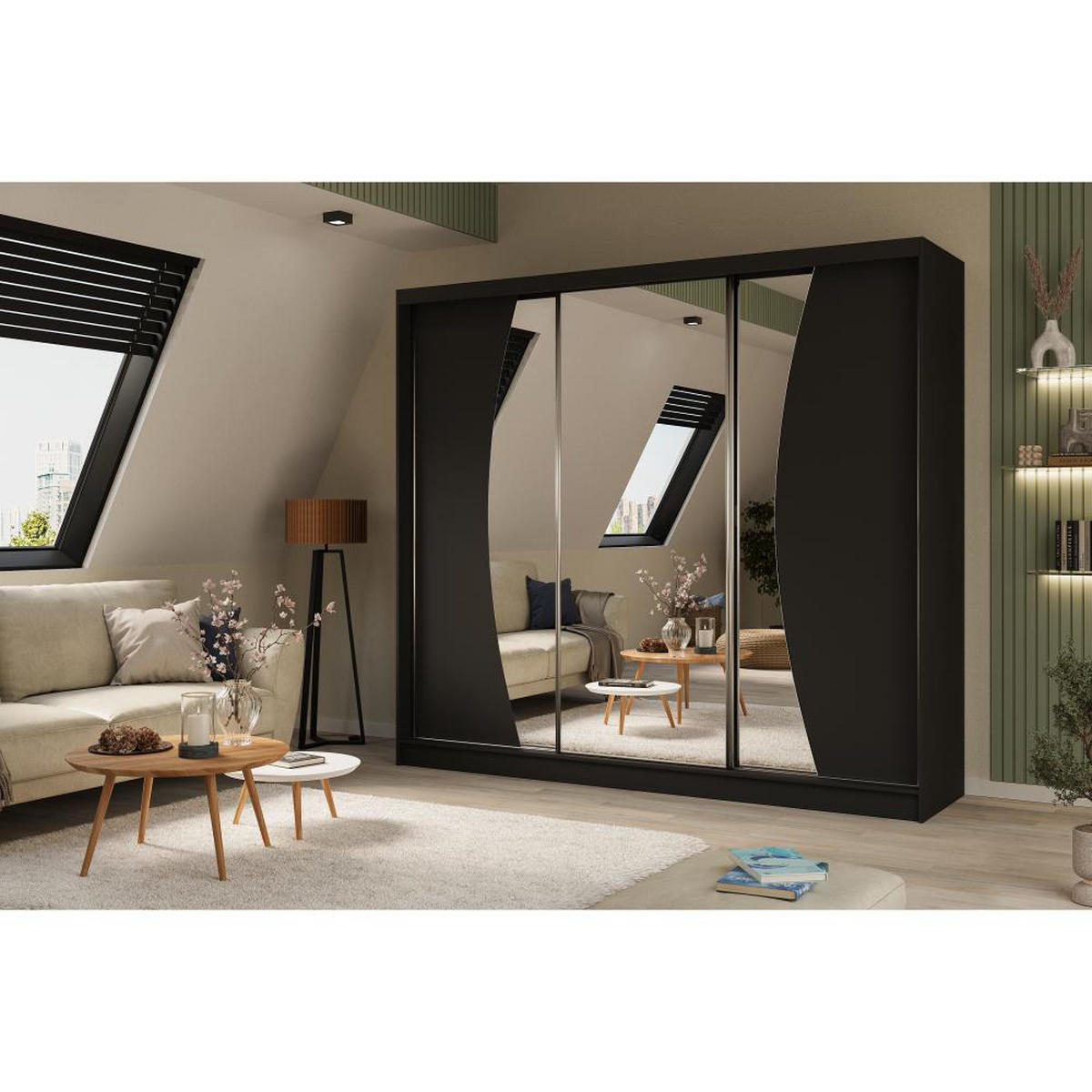SCHWEBETÜRENSCHRANK Vox 240/216/61 schwarz mit Spiegel und Schubladen - Schwarz, Holzwerkstoff (240/216/61cm) - Beautysofa