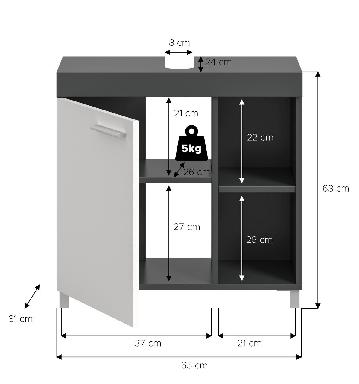 WASCHBECKENUNTERSCHRANK Noah weiß 65/31/63 cm - Anthrazit, Holzwerkstoff (65/63/31cm) - Xonox