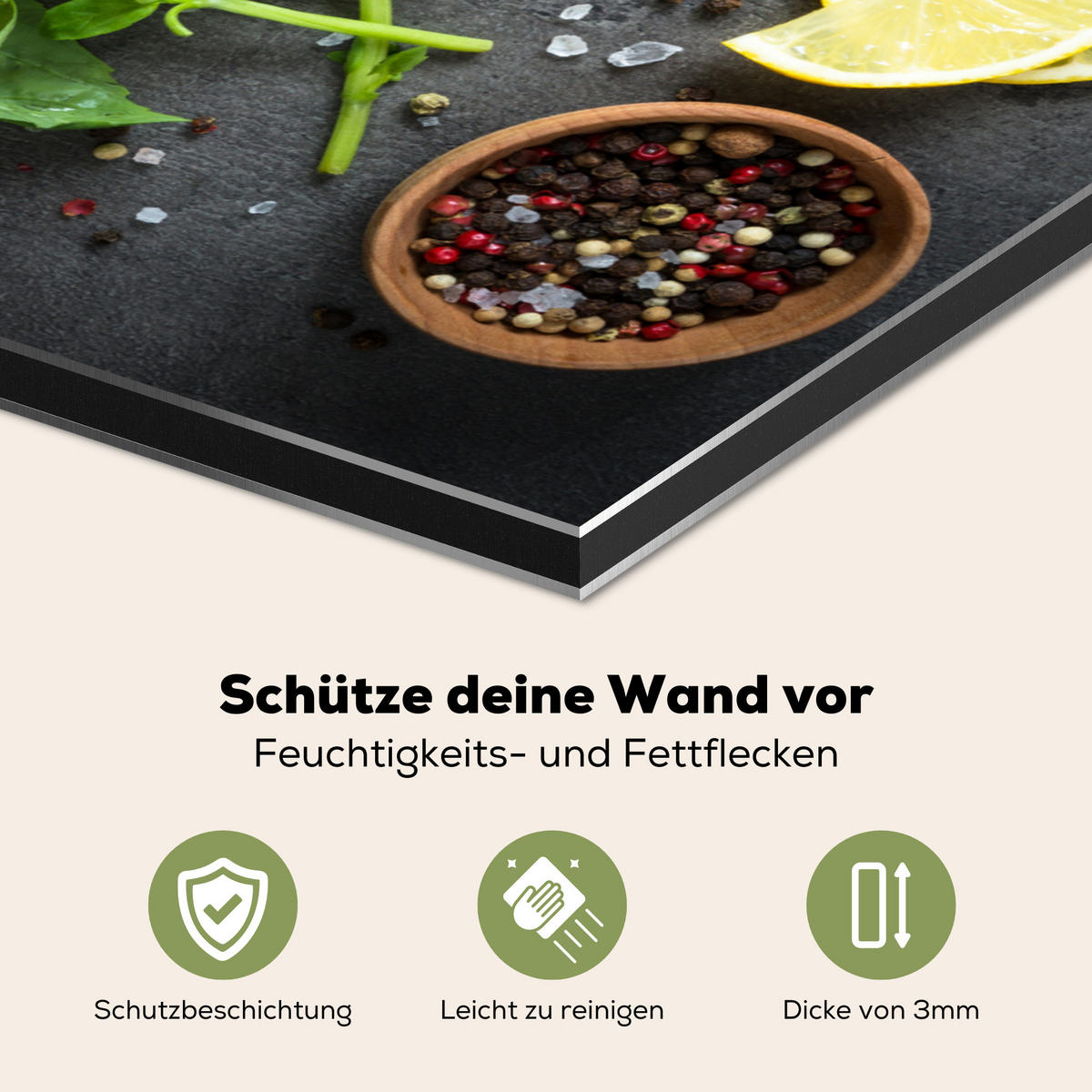 SPRITZSCHUTZ KÜCHE Limette - Kräuter - Gewürze - Grün - Grau - Beton 70x50 cm - Grün, Metall (70/0.3/50cm) - MuchoWow