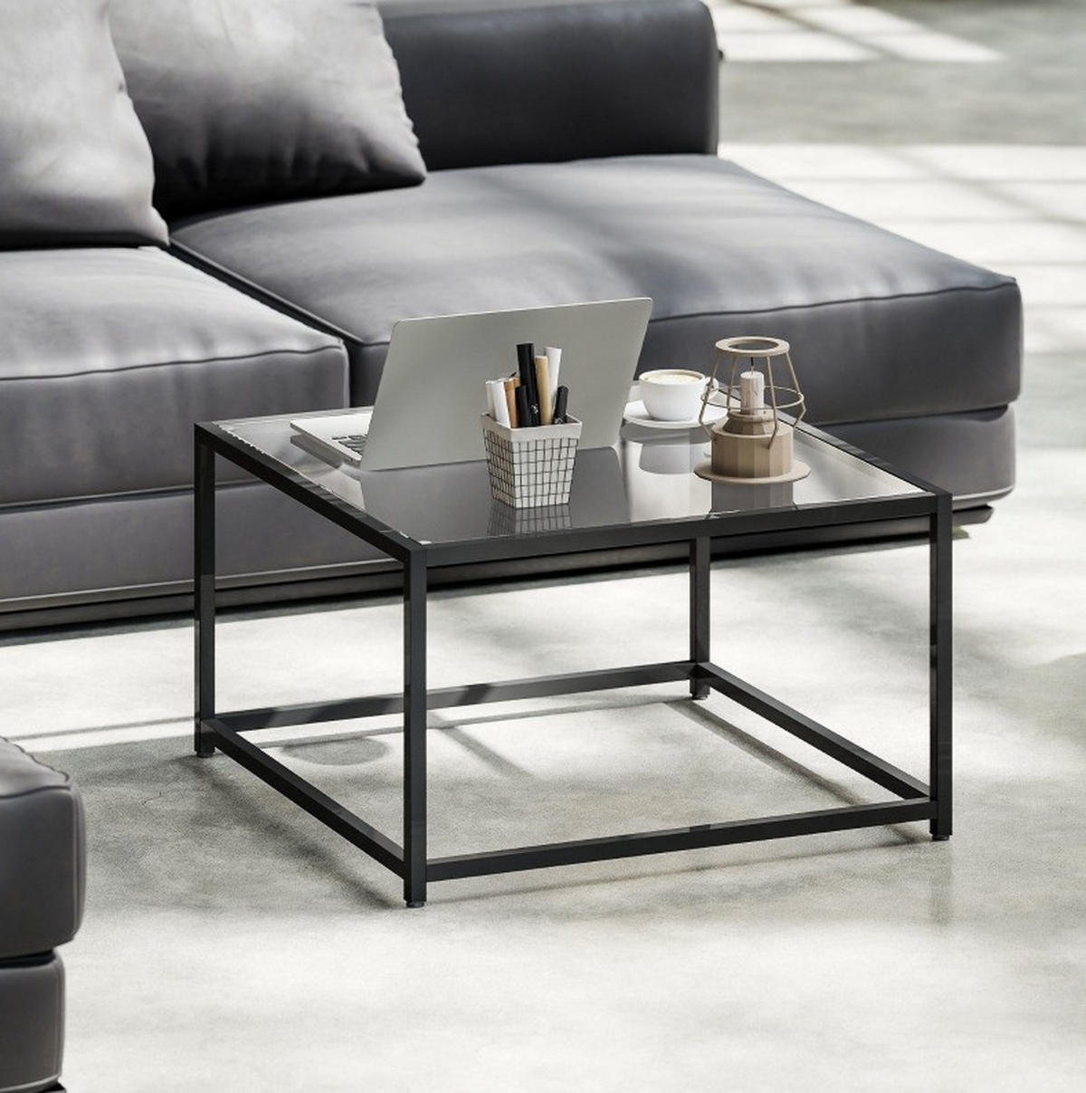 COUCHTISCH 68/68/39 cm mit gehärteter Glasplatte und Stahlgestell im Industrial-Stil, Schwarz - Schwarz, Glas (68/68/39cm) - Redom
