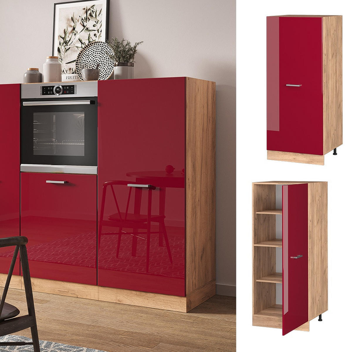 VORRATSSCHRANK R-Line Rot Hochglanz 60 cm - Honigeiche/Rot, Holzwerkstoff (60/143/57cm) - Vicco