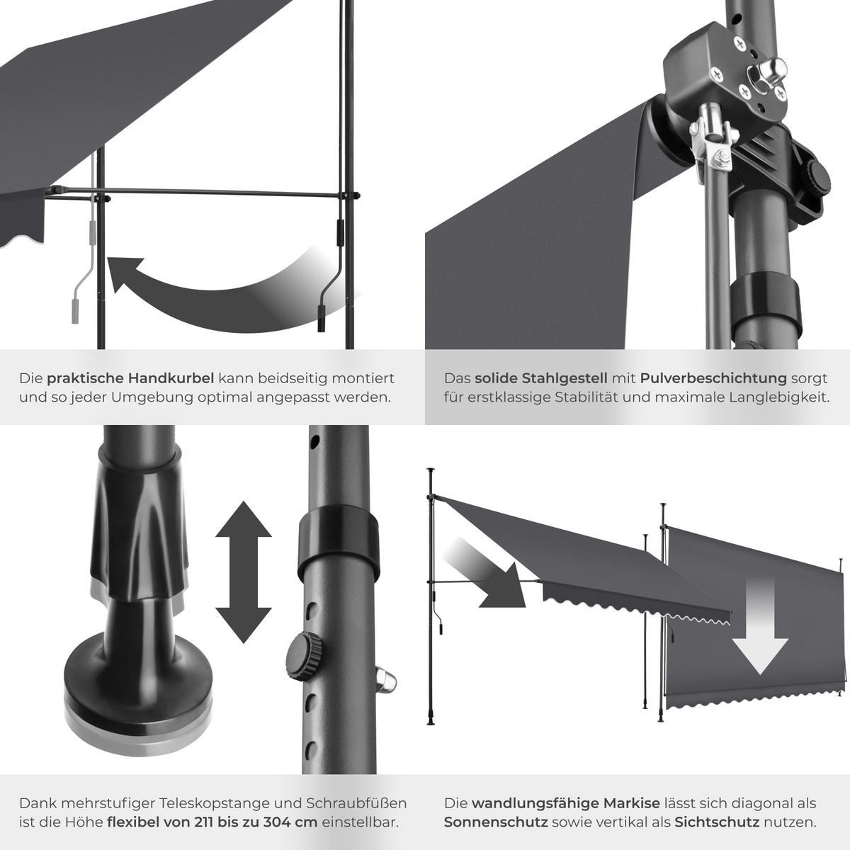 KLEMMMARKISE ,einfache Montage,schwarz/grau - Schwarz/Grau, Kunststoff (400/304/180cm) - tectake