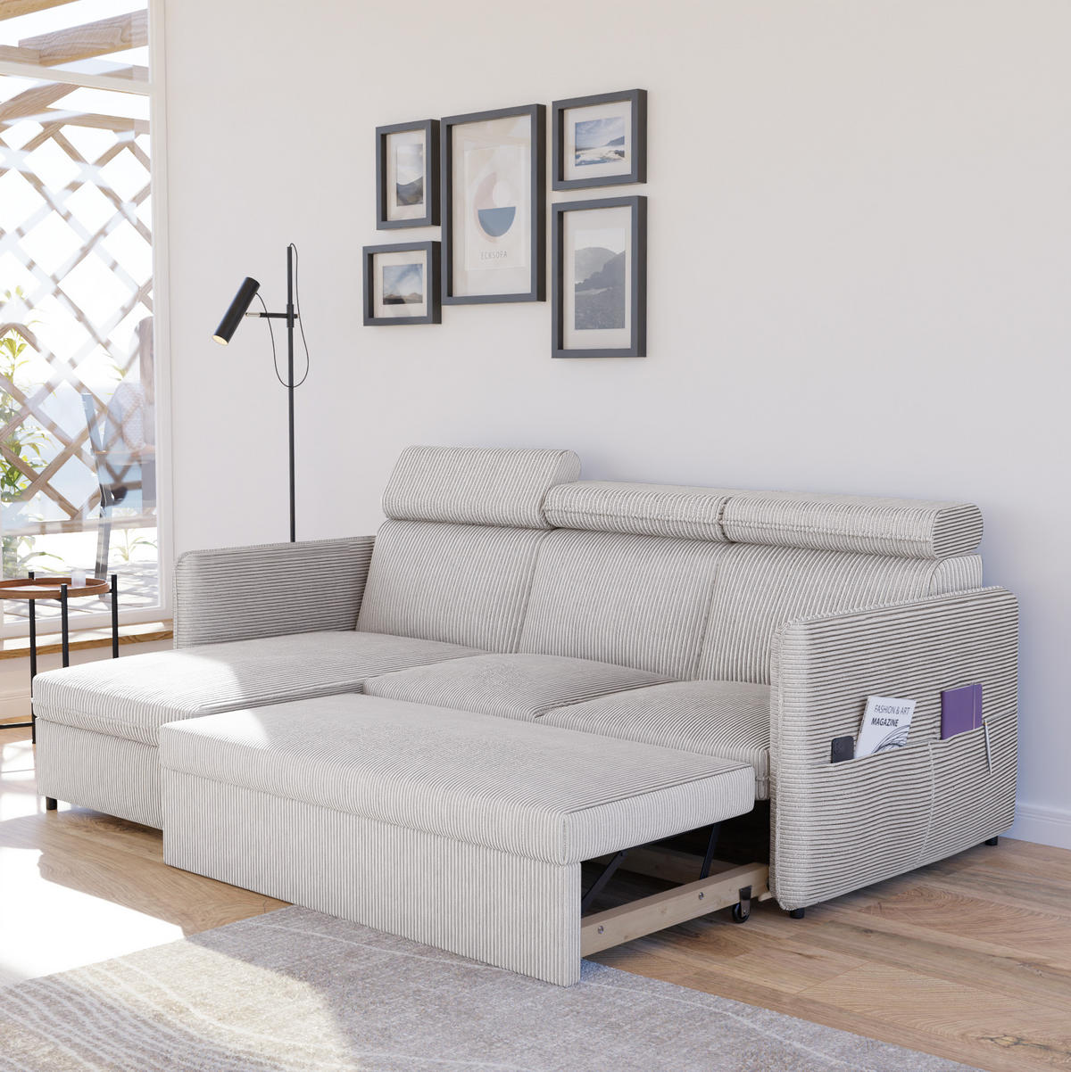 ECKSOFA mit Schlaffunktion und Bettkasten, Beige - Beige, Holzwerkstoff/Textil (220/140cm) - Idohome