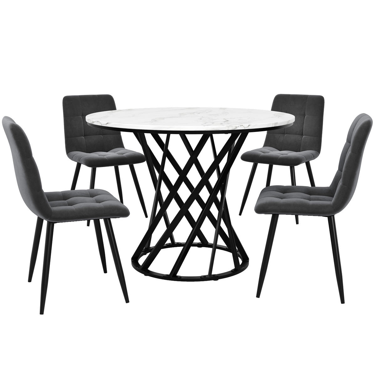 ESSTISCHSET 5-Teilig Rund 80 Cm, Weiße MDF, 4 Samtstühle, Schwarz - Schwarz, Metall (80/76/80cm) - FLIEKS