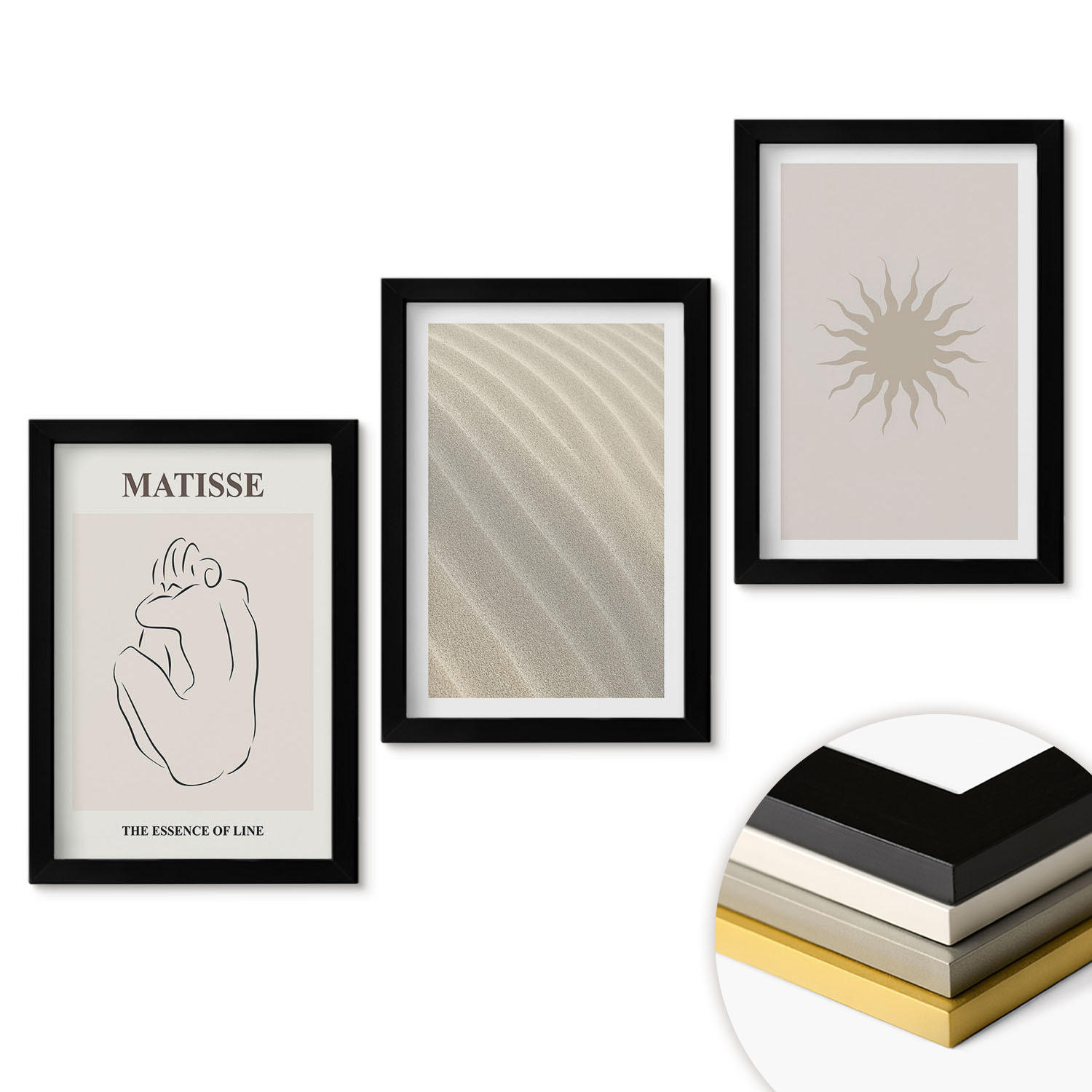 WANDBILDER 3er-Set - 20x30 cm Schwarzer Rahmen - Minimalistische Sandlinien Sonne - Schwarz, Kunststoff (20/30cm) - ArtPrintCave