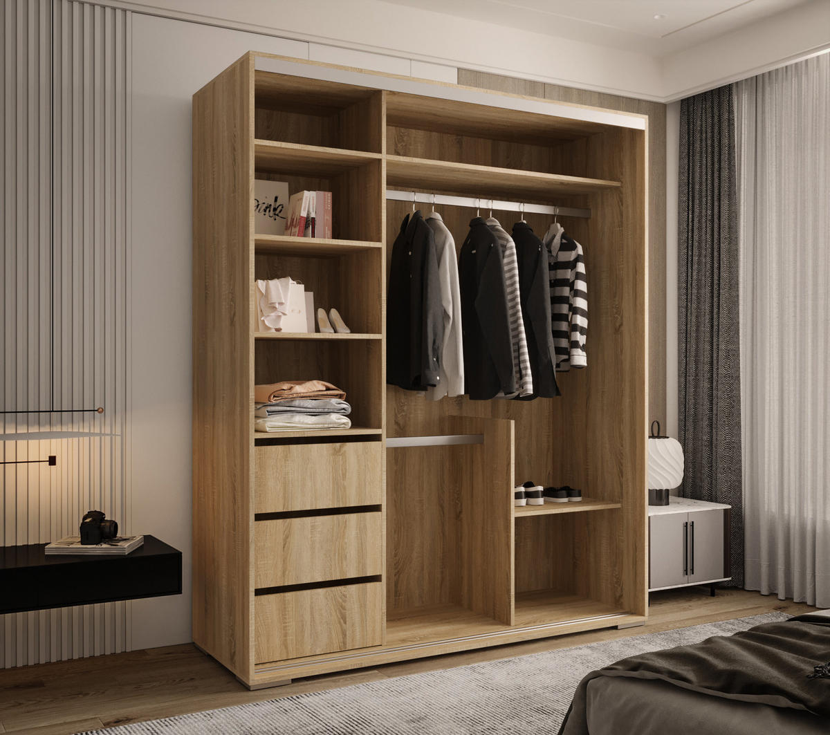 SCHIEBETÜRENSCHRANK GENUA 180, 2-türig Kleiderschrank mit 1 Spiegel, Moderne Garderobe, Schrank in Größe: 180 x 217 x 66 cm - Braun, Holzwerkstoff (180/217/66cm) - O-Sofa