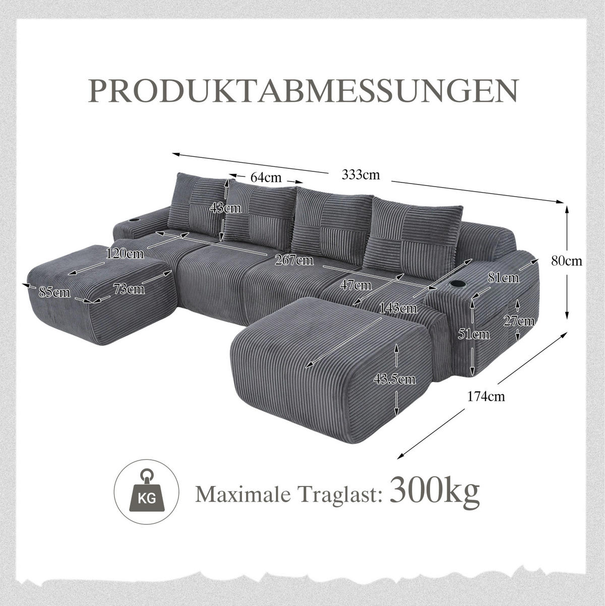 WOHNLANDSCHAFT modular 4-Sitzer mit 2 Hockern 333 x 174 cm Cord Dark Gray - Dunkelgrau, Kunststoff (174/80/333cm) - Meubliv