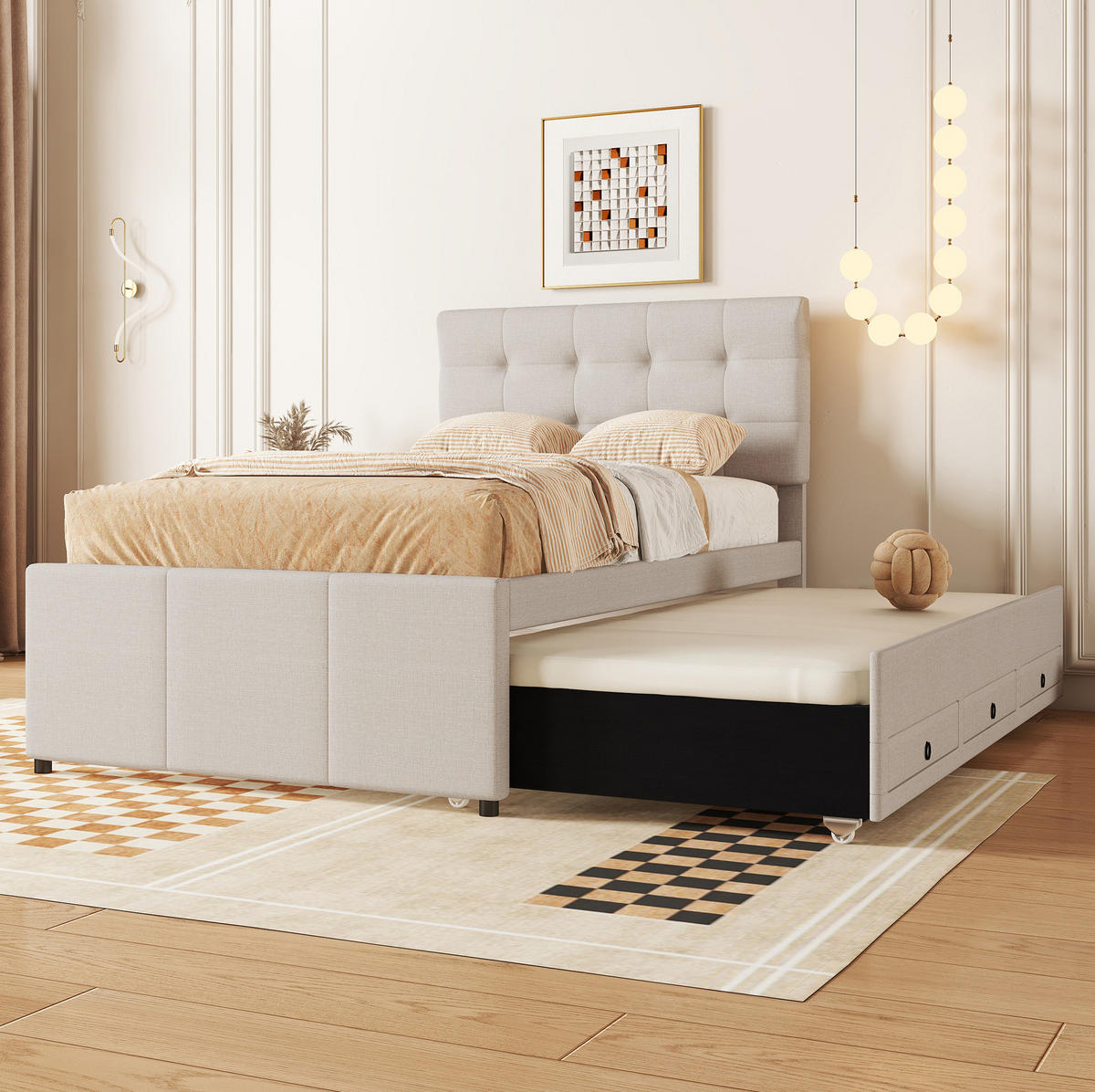 BETT mit Ausziehbett und 3 Schubladen 90x200 cm Leinen Beige - Beige, Holz (90/200cm) - Meubliv