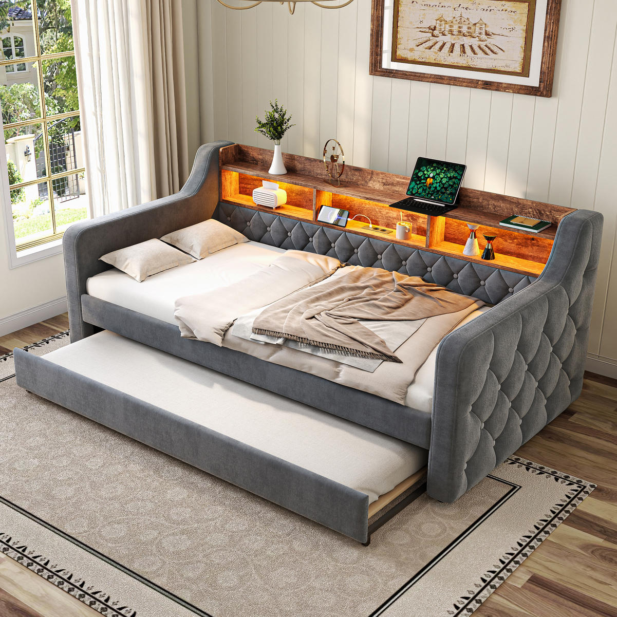 POLSTERBETT aus Samt 90x190 cm in Dunkelgrau mit LED & USB-C-Anschluss - Dunkelgrau, Textil (90/190cm) - Modfu