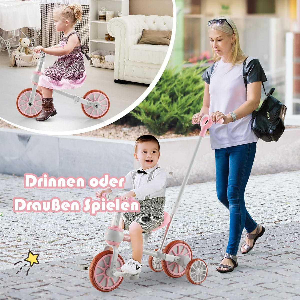 DREIRAD 4 in 1 Kinder dreirad+ Laufrad Pink - Pink, Kunststoff (37/72/101cm) - COSTWAY