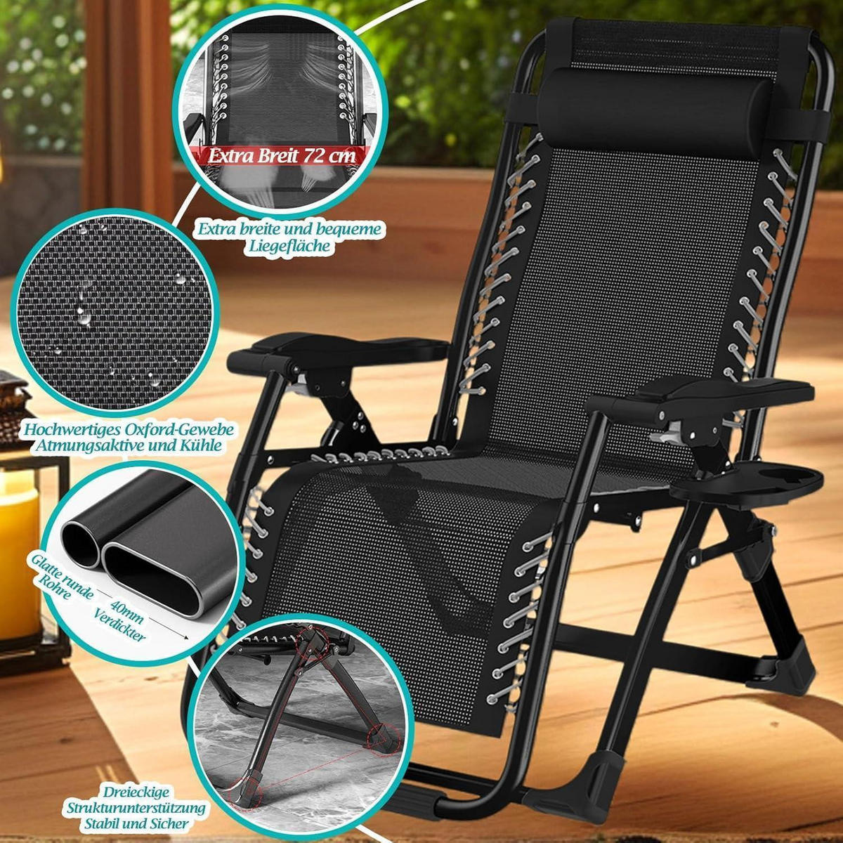 SONNENLIEGE 2er Set Schwarz 72 cm Breit - Schwarz, Metall (72/77/172.5cm)