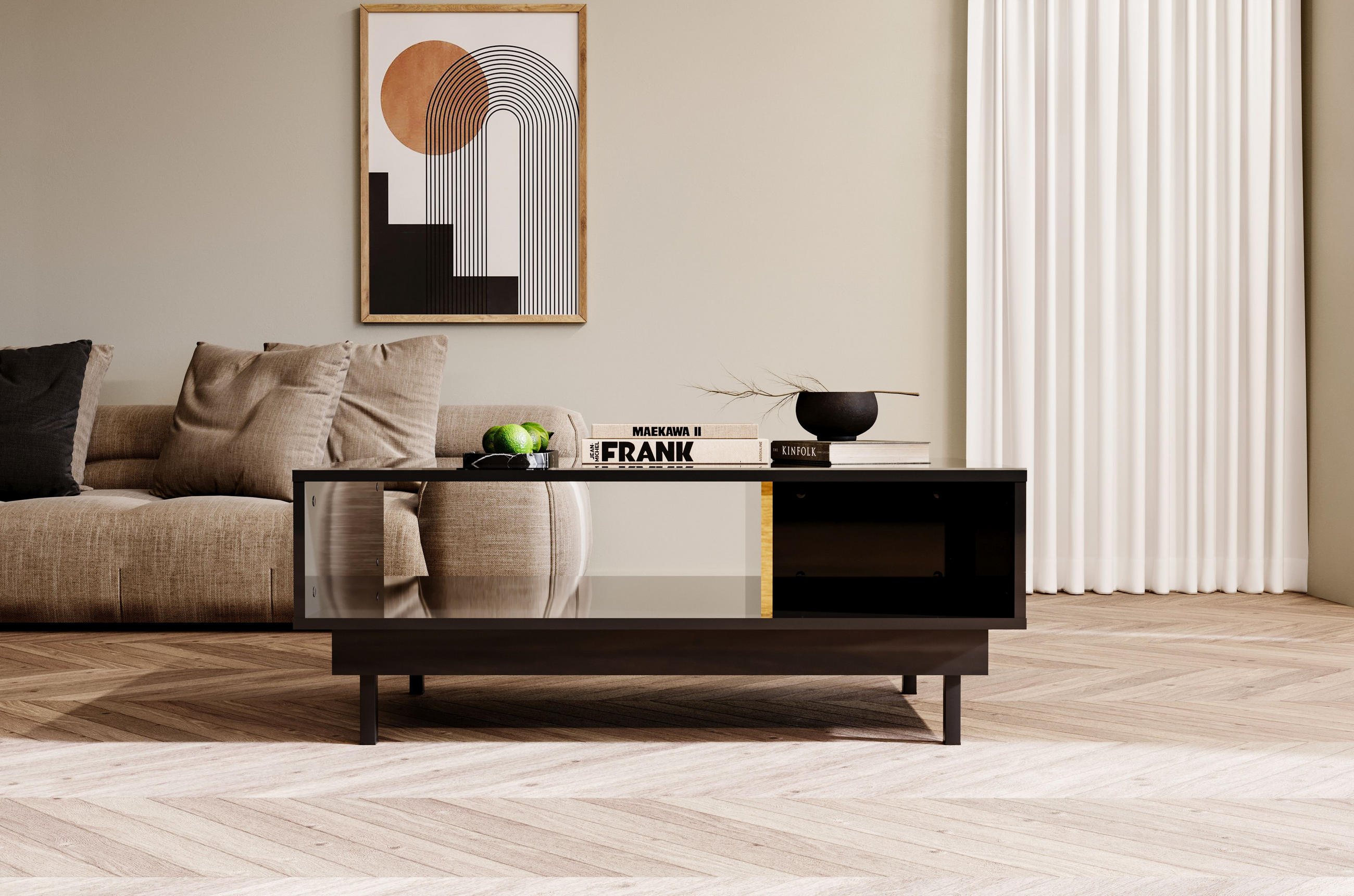 COUCHTISCH Artemisa Schwarz, goldener Akzent, Hochglanz - Schwarz Hochglanz/Schwarz, Holzwerkstoff/Metall (69/115/45.5cm) - Dancan