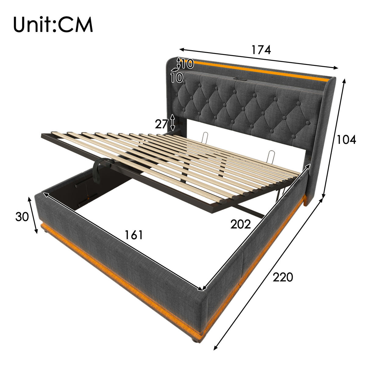 BETT mit Stauraum, LED und Matratze 160x200 cm Leinen Grau - Grau, Metall (160/200cm) - Meubliv