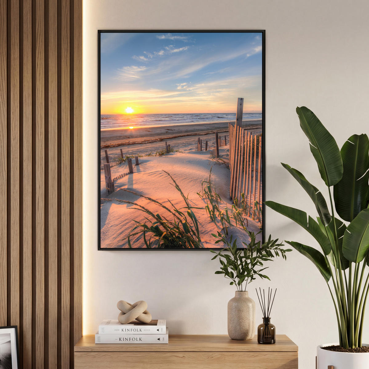 LEINWAND Bilder mit Rahmen - Strand - Meer - Düne - Sonnenuntergang - Landschaft - 70x100 - Beige, Textil (70/100cm) - MuchoWow