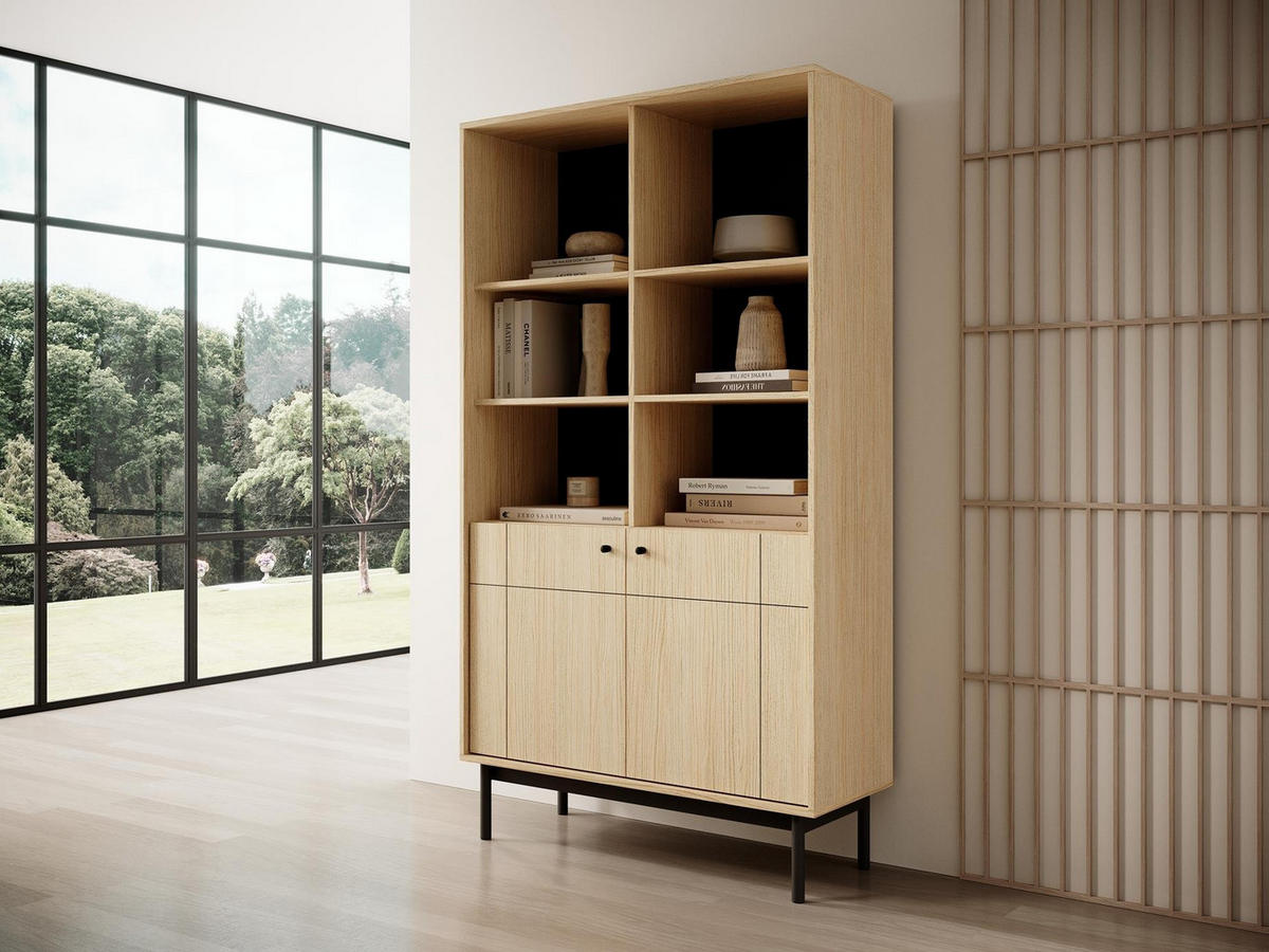 REGAL Panda Hellbraun, Schwarze Beine, Bücherregal - Beige/Schwarz, Holzwerkstoff (104/185/39cm) - Bettso