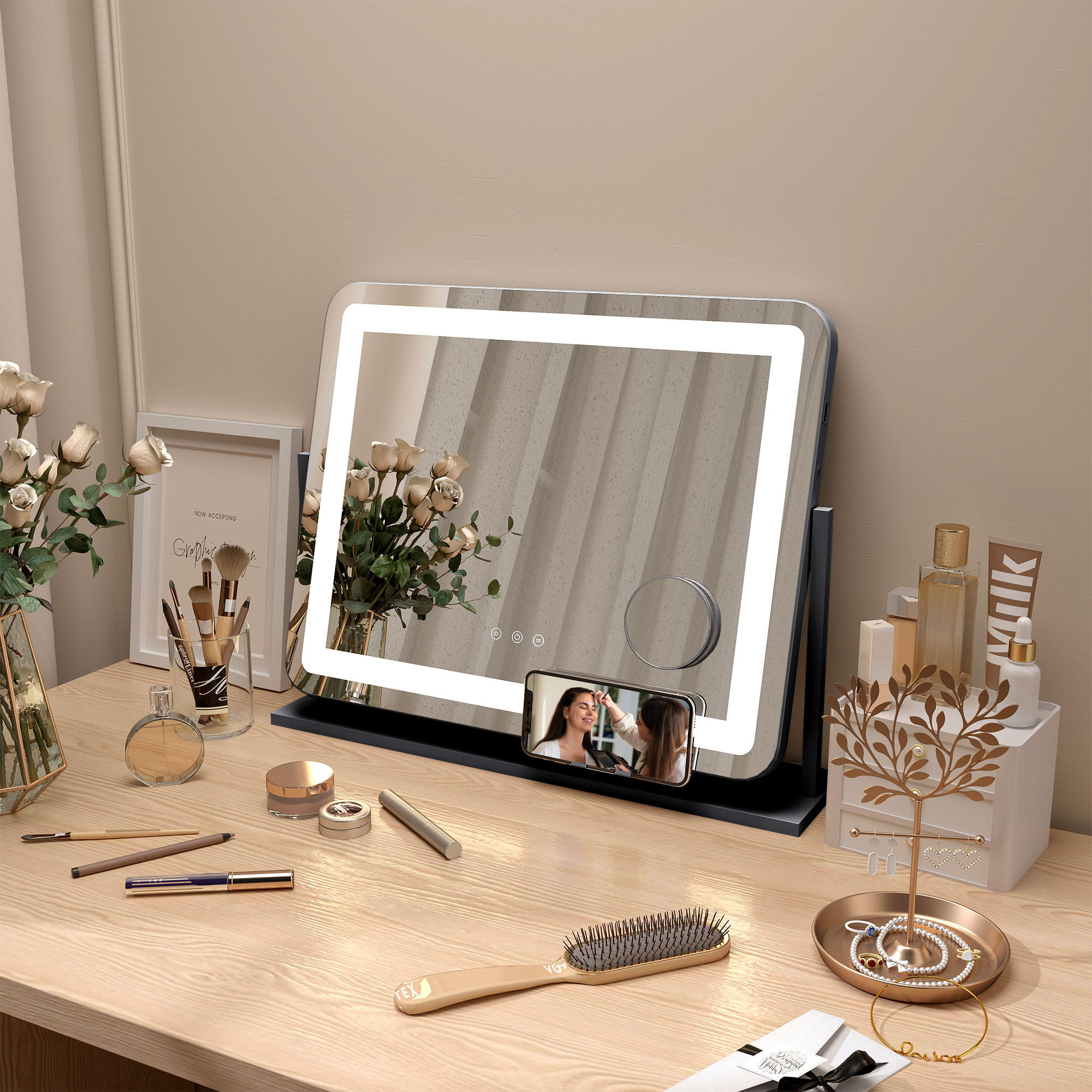SCHMINKSPIEGEL mit Beleuchtung, mit 3 Lichtfarben, 360° Drehbar, Schwarz - Schwarz, Metall (62.5/52/14cm) - HOMCOM