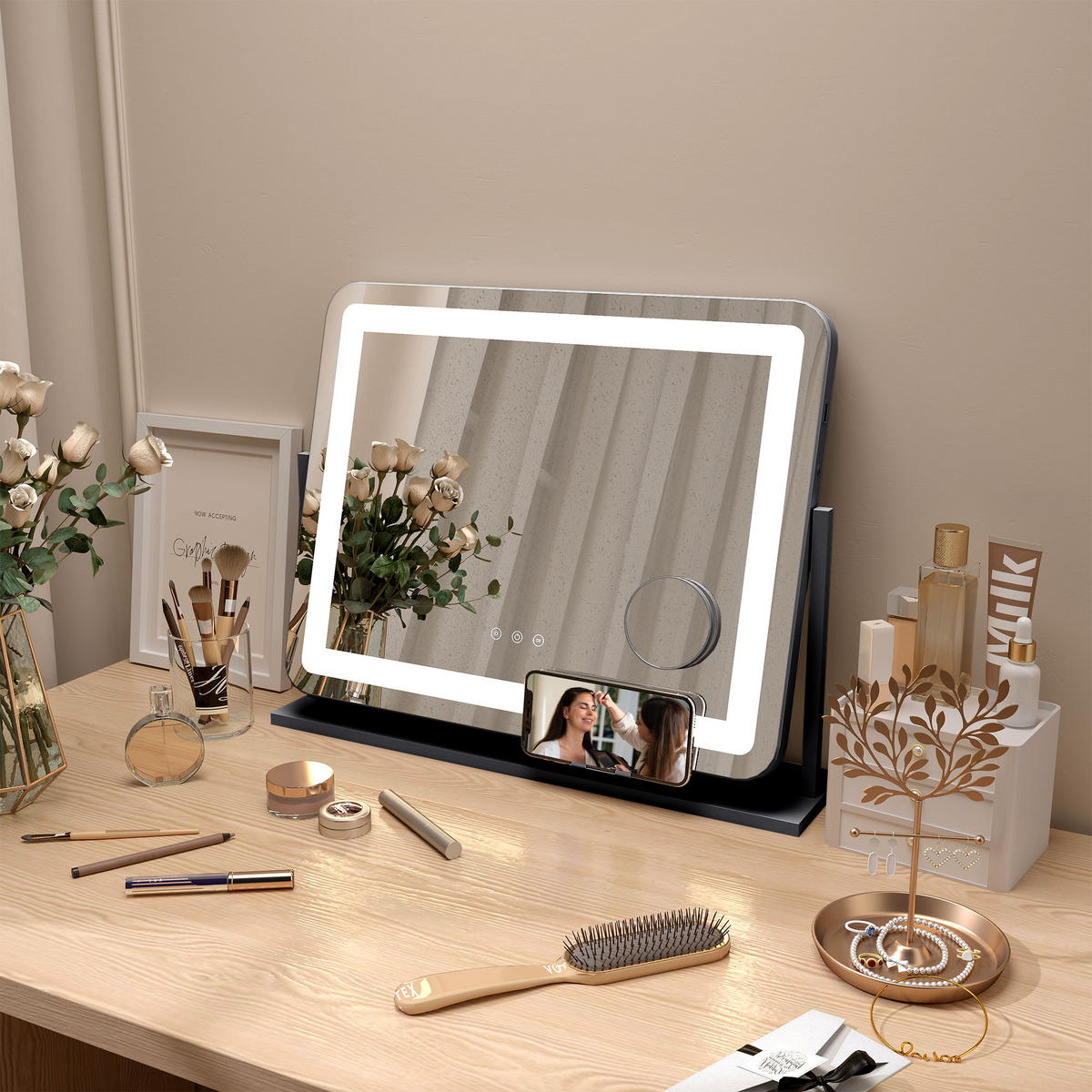 SCHMINKSPIEGEL mit Beleuchtung, mit 3 Lichtfarben, 360° Drehbar, Schwarz - Schwarz, Metall (62.5/52/14cm) - HOMCOM