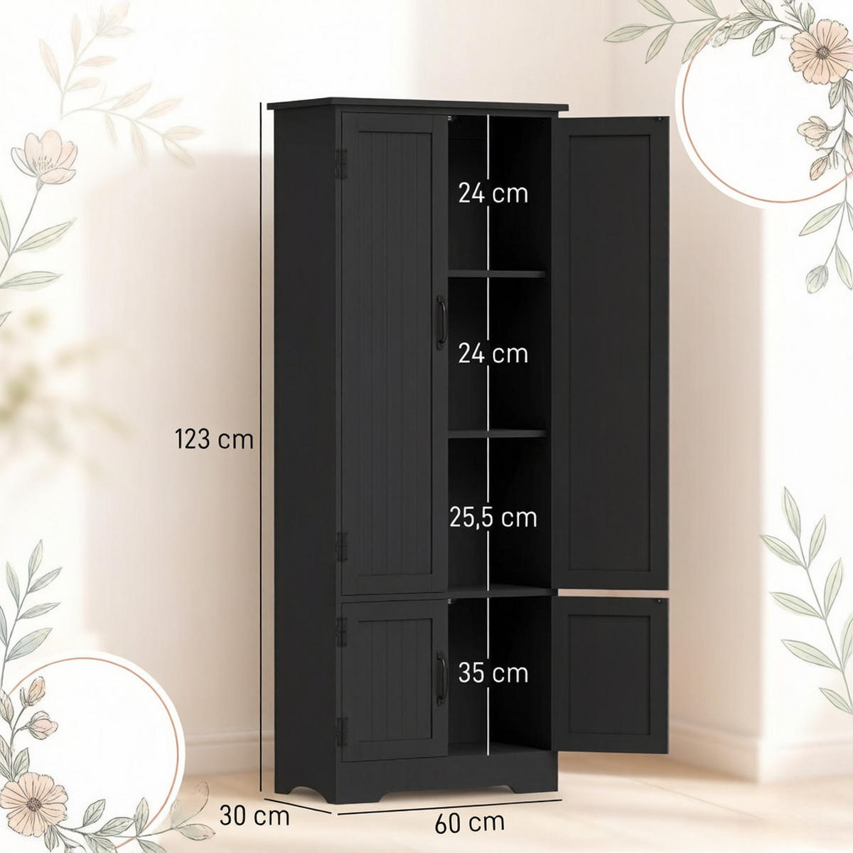 HIGHBOARD DE-38811 60/30/123 cm, 2 Türen und 3 Regale Schwarz - Schwarz, Holzwerkstoff (60/123/30cm) - ComfortXL